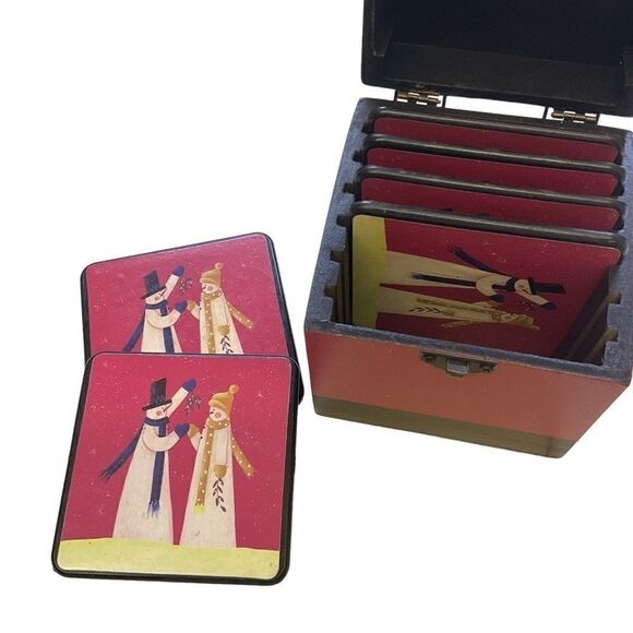 Christmas Coasters Red and Black Snowmen In Wood Box - Picture 4 of 9